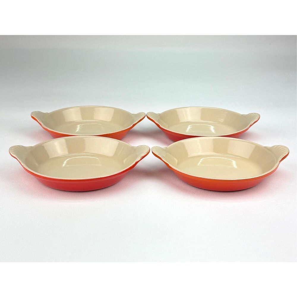 Vintage Lot of 4 Le Creuset Au Gratin Orange Enamel Cast Iron Round Dish #3 DV26